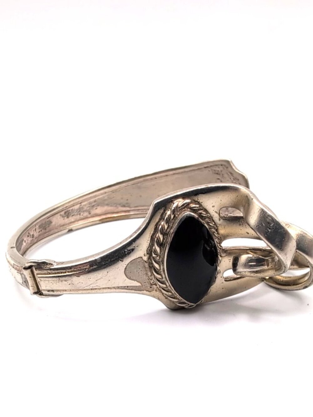 Artisan Upcycled Handmade Bracelet From Vintage Silver Plate Fork w/ Black Stone